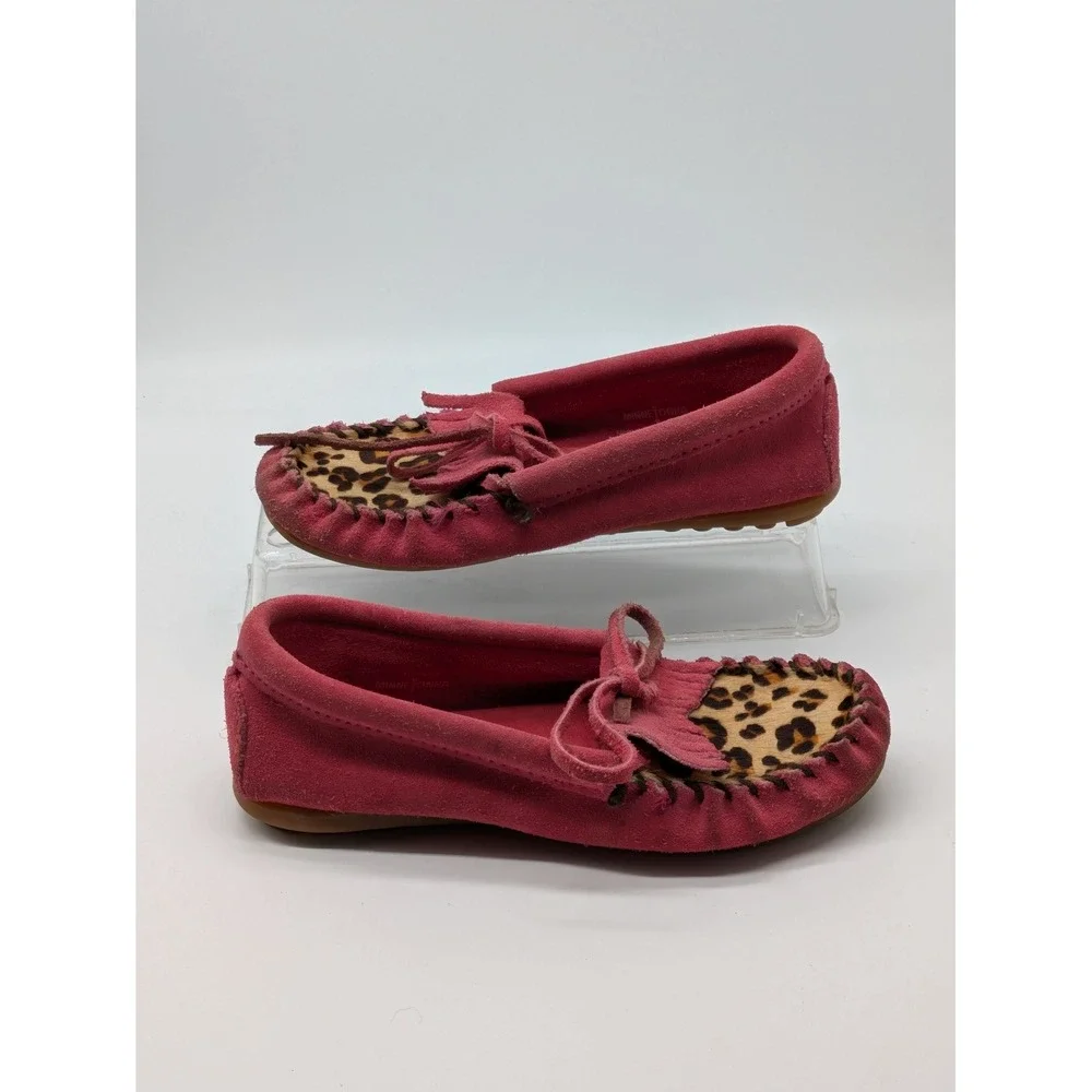 Minnetonka Girls Moccasins Size 1 Pink Suede Leopard Print Fringe Shoes